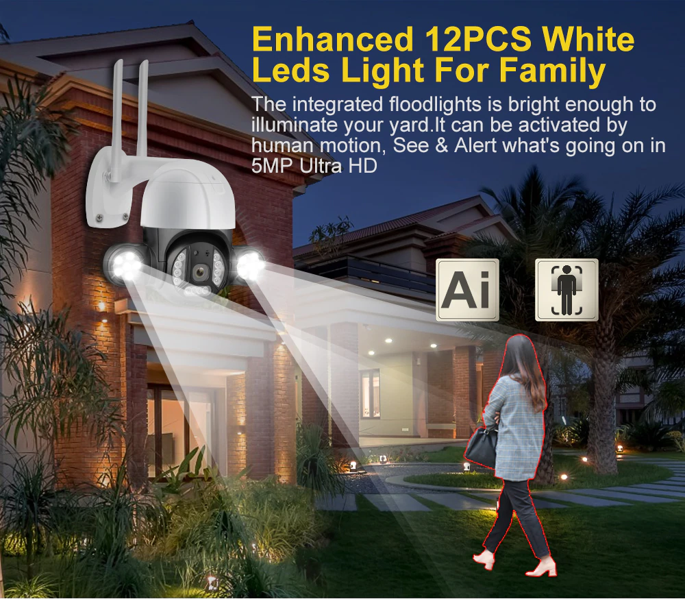 Security Camera 5MP, 12PCS Floodlights, Wireless, 30M Colour Night Vision