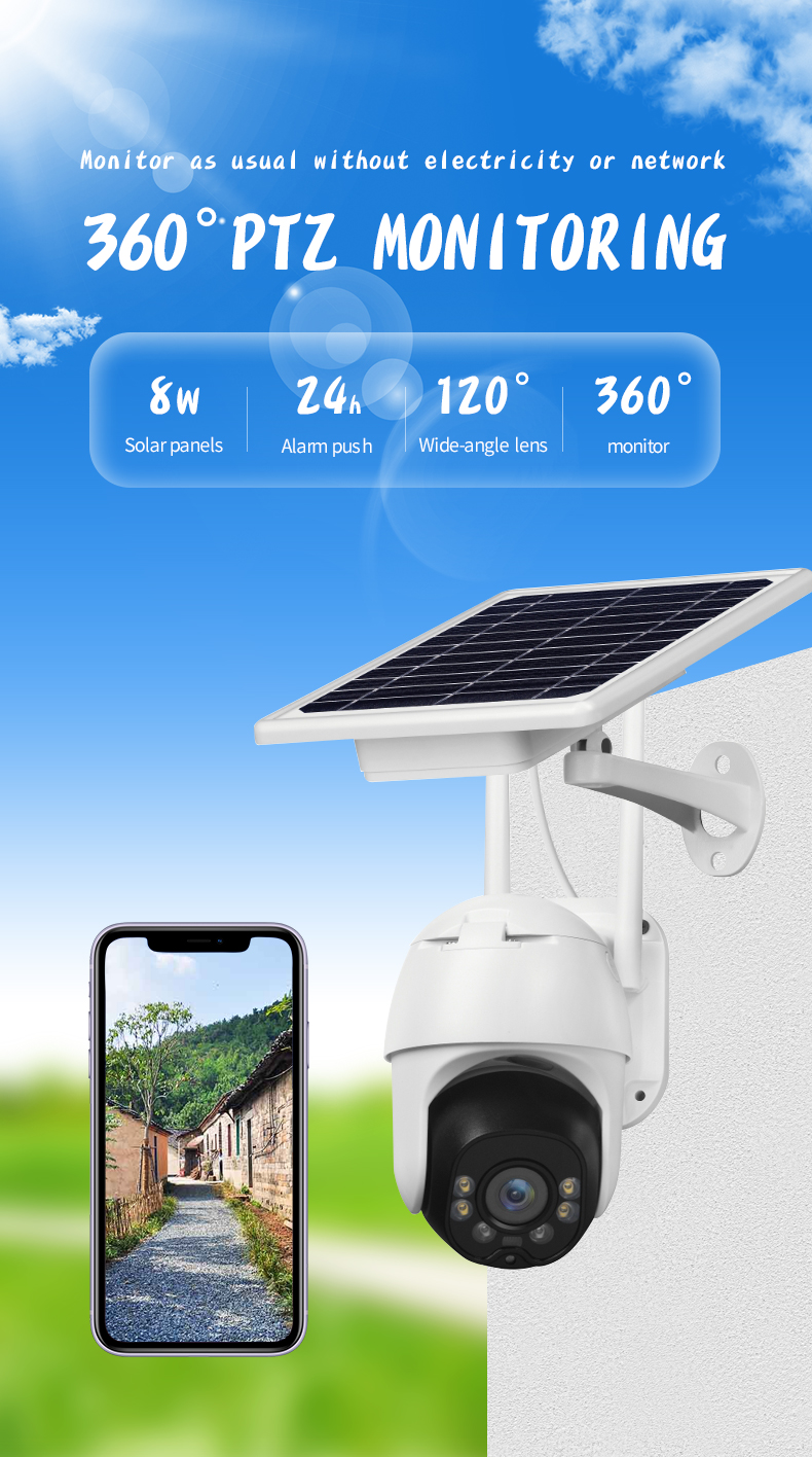 3G/4G Sim Card- Solar- PTZ Camera, with 8W Solar Panel rechargeable battery, 128G TF slot, Starlight day&night1080P, for Off-Grid use